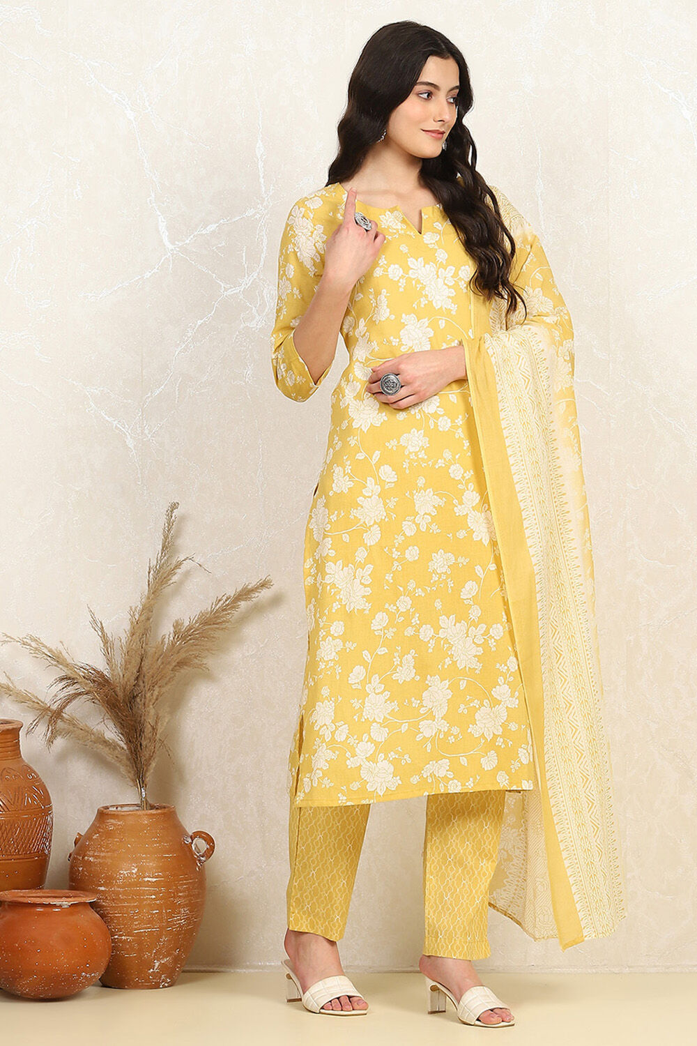 Mustard Yellow Cotton Screen Print Unstitched Suit Set image number 6