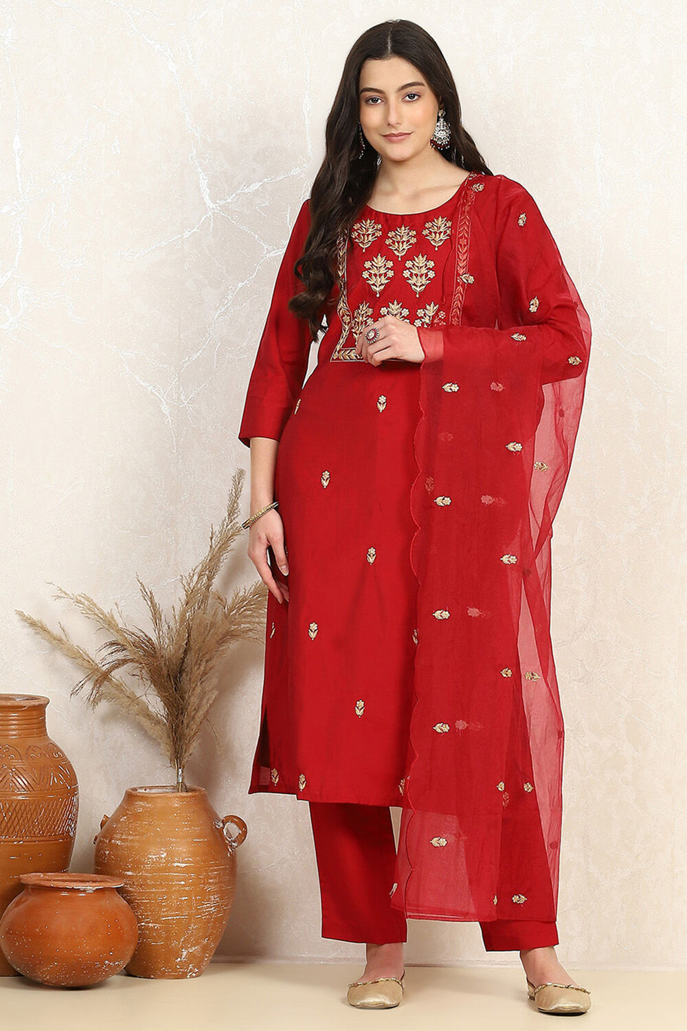 Red Silk Blend Machine Embroidered Unstitched Suit Set image number 7