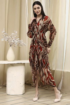 Brown Printed Gathered Tulip Dress image number 2