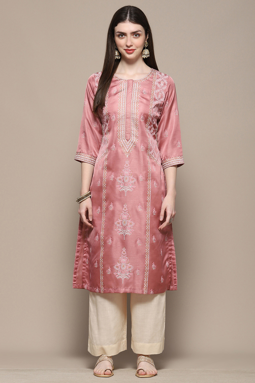 Dusty Pink Printed Straight Kurta image number 5