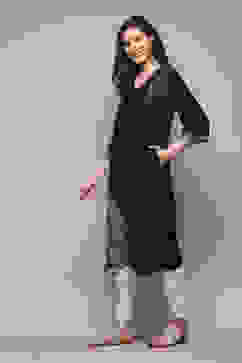 Black LIVA Straight Printed Kurta image number 2