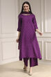 Purple Polyseter Blend Straight Printed Fusion Set image number 6