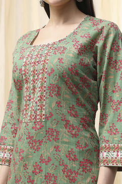 Green Cotton Screen Print Unstitched Suit Set image number 2