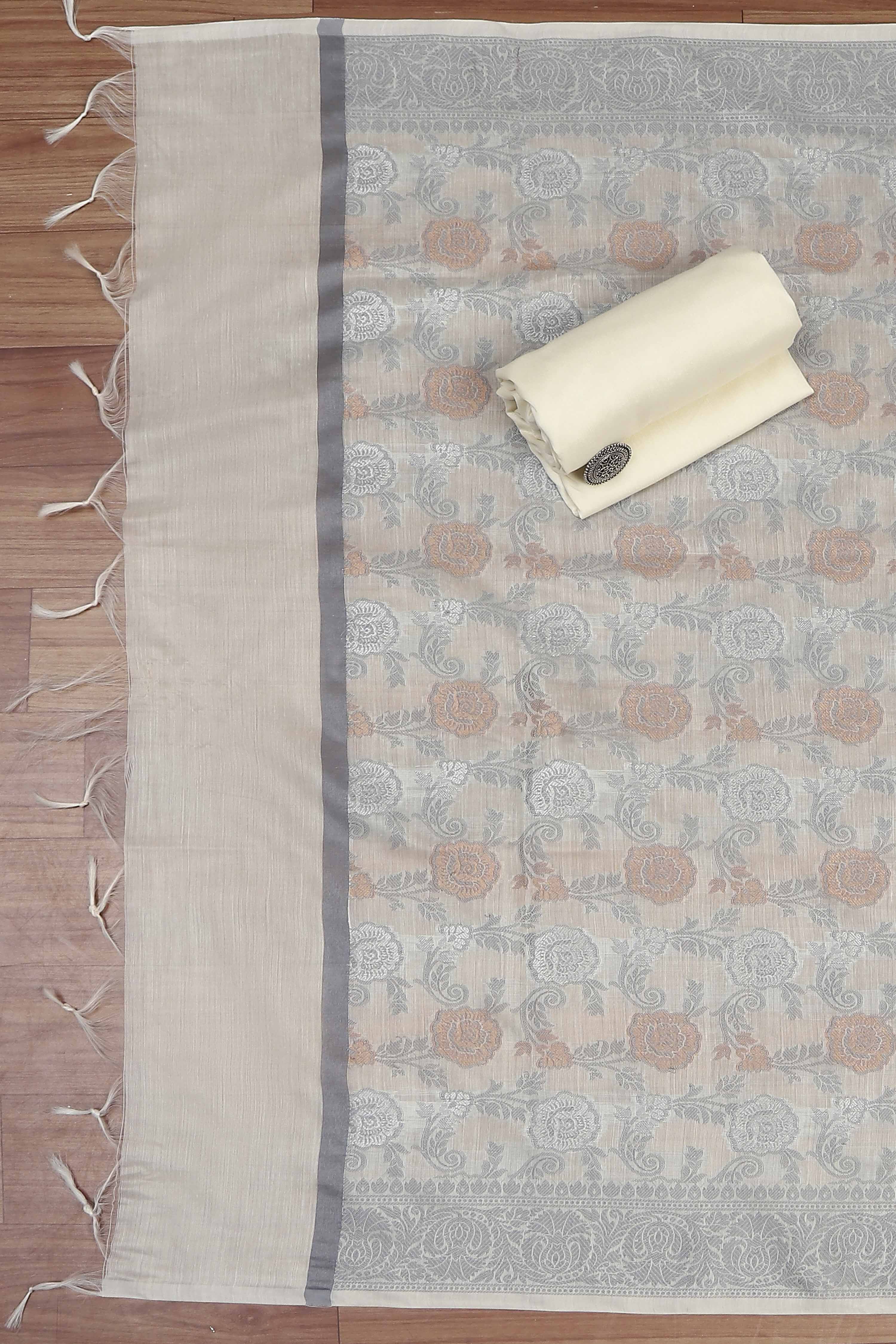 Beige Cotton Printed Embroidered Unstitched Suit Set image number 3