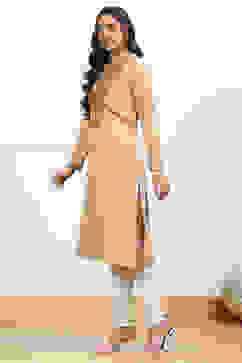 Beige Velvet Straight Kurta image number 3