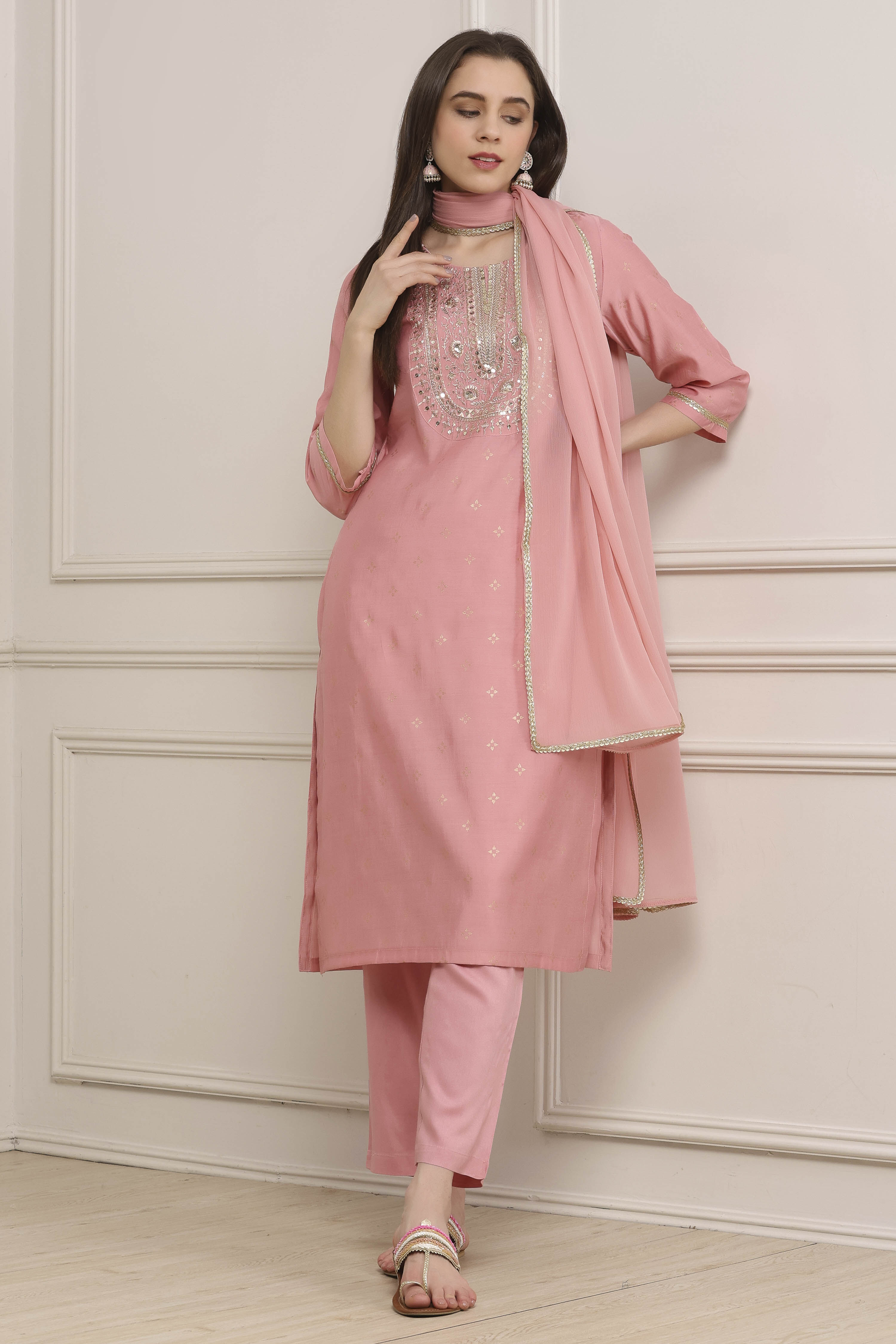 Light Pink Viscose Rayon Straight Suit Set image number 0