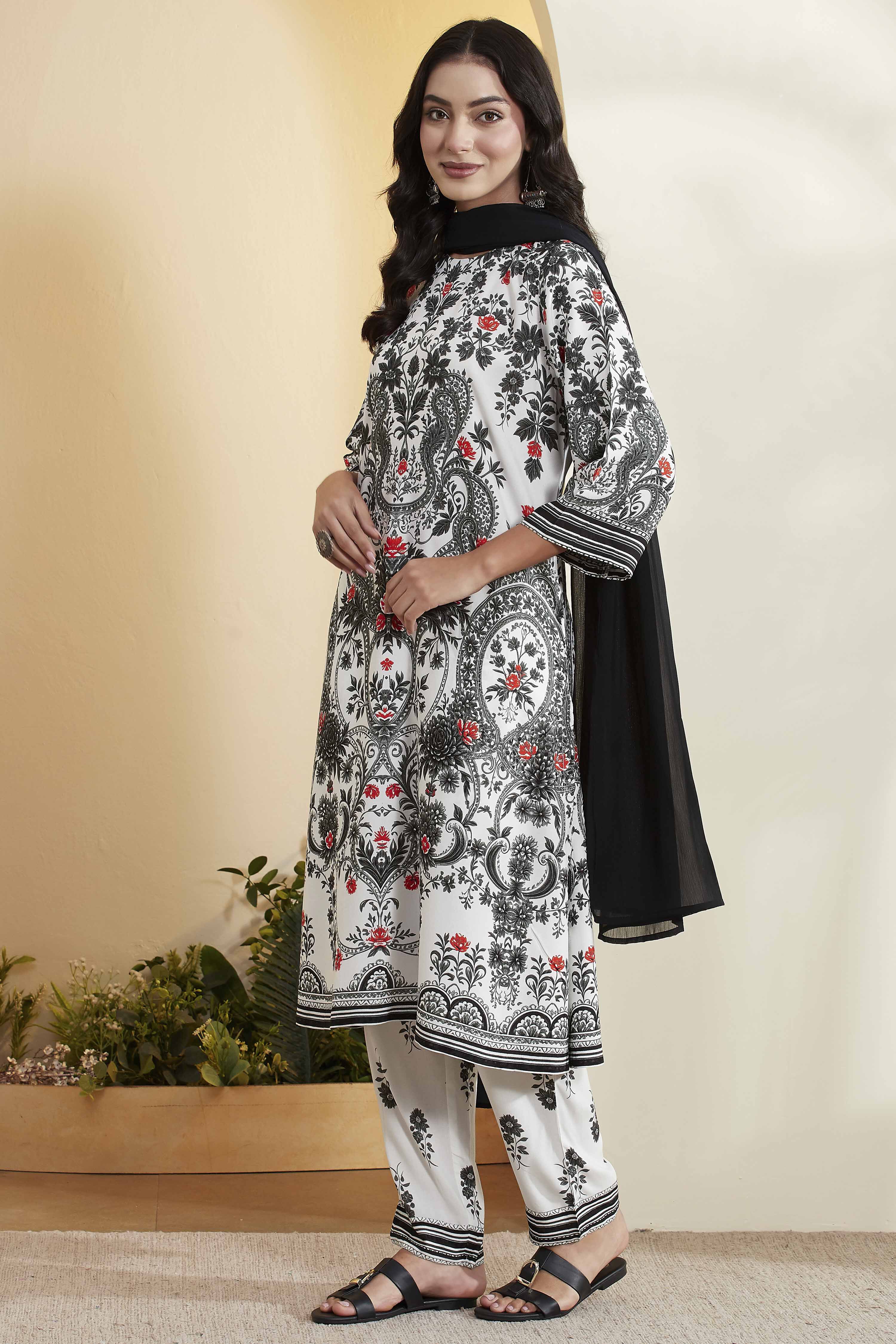 Black & White Viscose Rayon Floral Straight Kurta Set image number 4