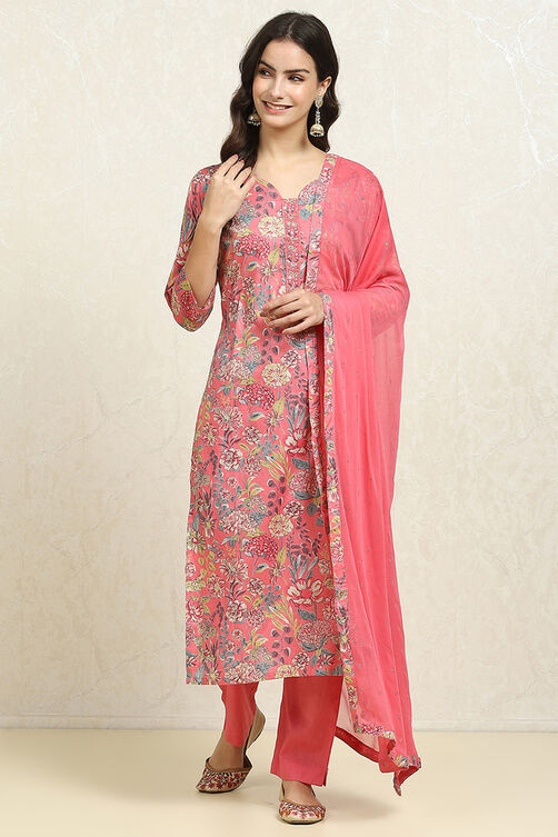 Green Cotton Floral Unstitched Suit Set image number 1