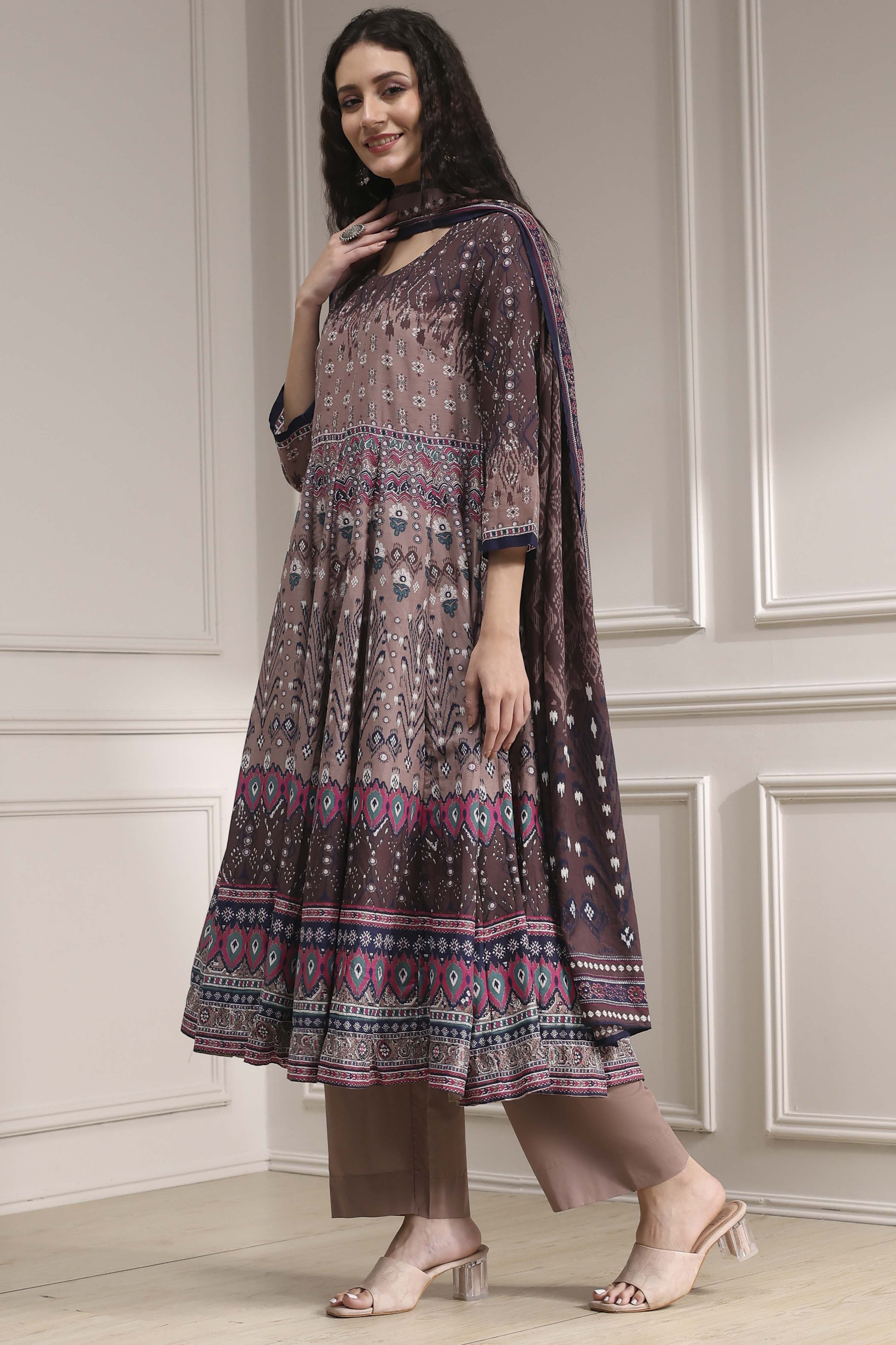 Lilac Cotton Printed Anarkali Suit Set image number 3