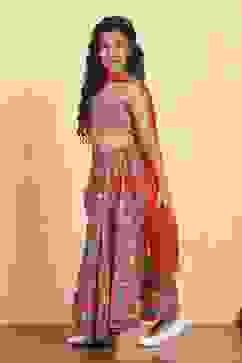 Red Viscose Rayon Flared Printed Lehenga Set image number 3