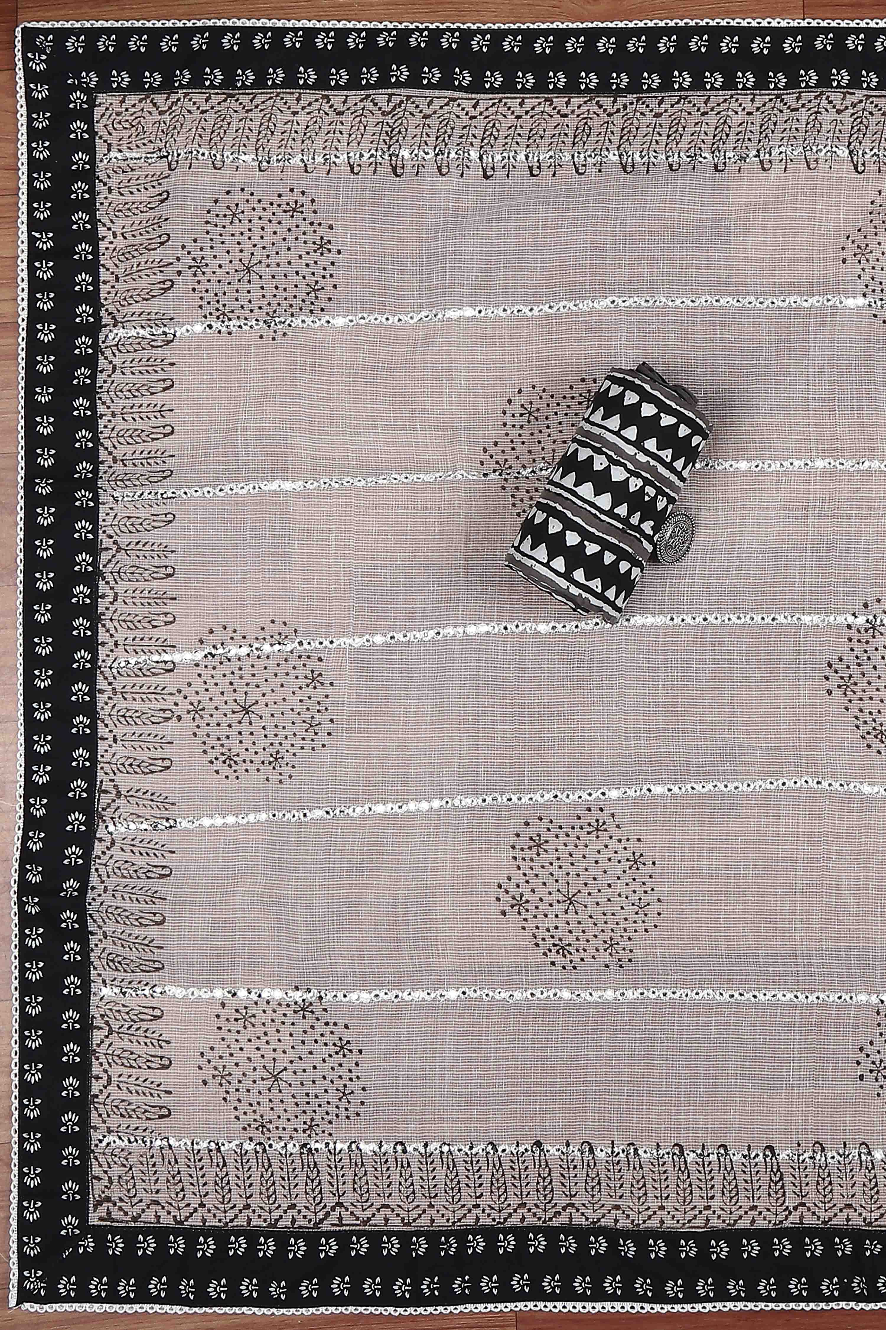 Black Cotton Machine Embroidered Unstitched Suit Set image number 3