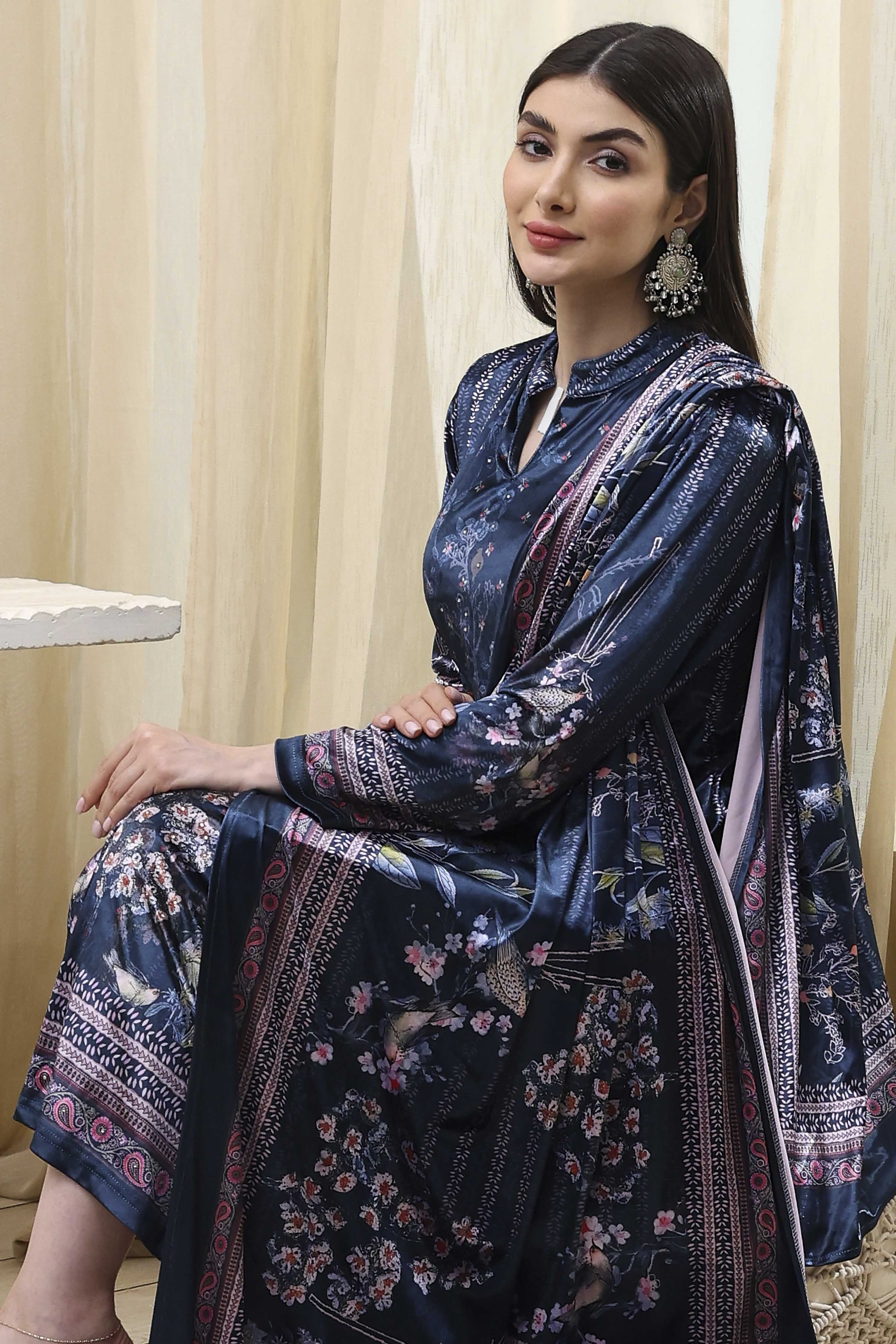 Petrol Blue Polyester Straight Printed Kurta Slim Pant Suit Set image number 0