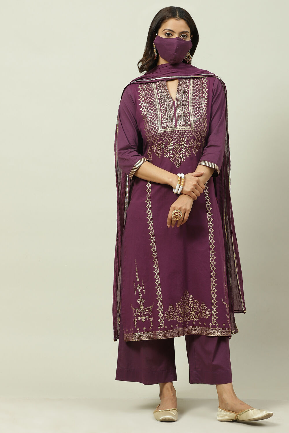 Navy Cotton Straight Kurta Palazzo Suit Set image number 6