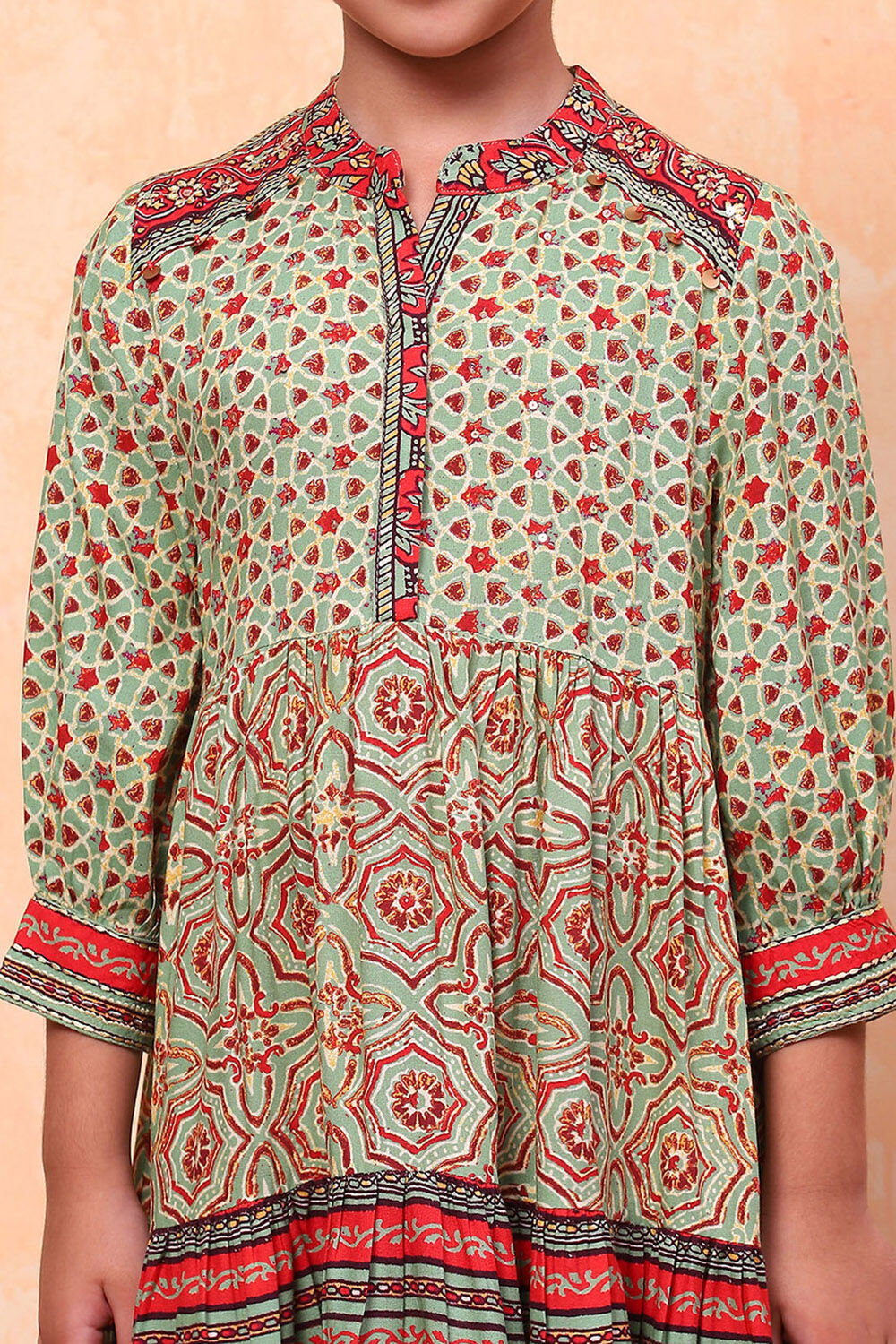 Green Printed Flared Tiered Dress image number 1