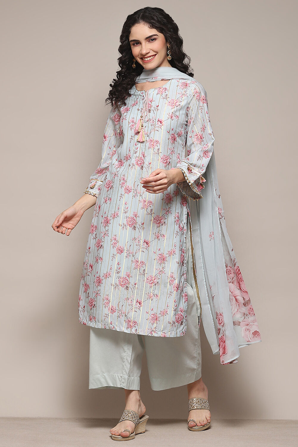Grey Cambric Straight Kurta Palazzo Suit Set image number 0