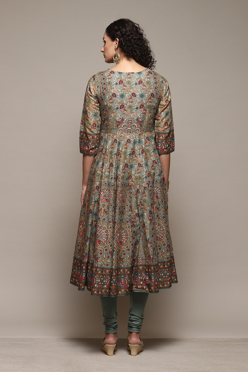 Sap Green Cotton Anarkali Kurta Churidar Suit Set image number 4