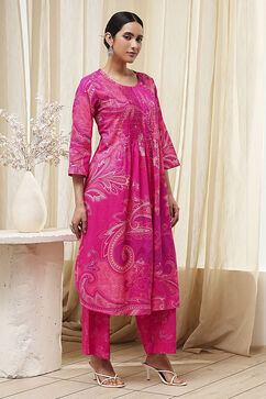 Pink Cotton Printed Pleated Kurta Set image number 5
