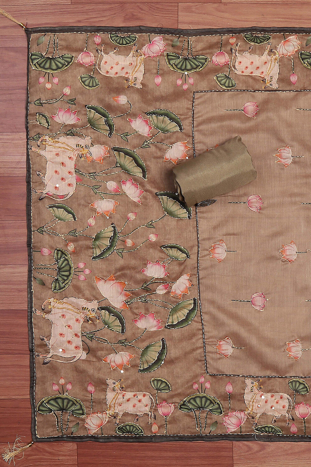 Mehendi Green Chanderi Hand Embroidered Unstitched Suit Set image number 3