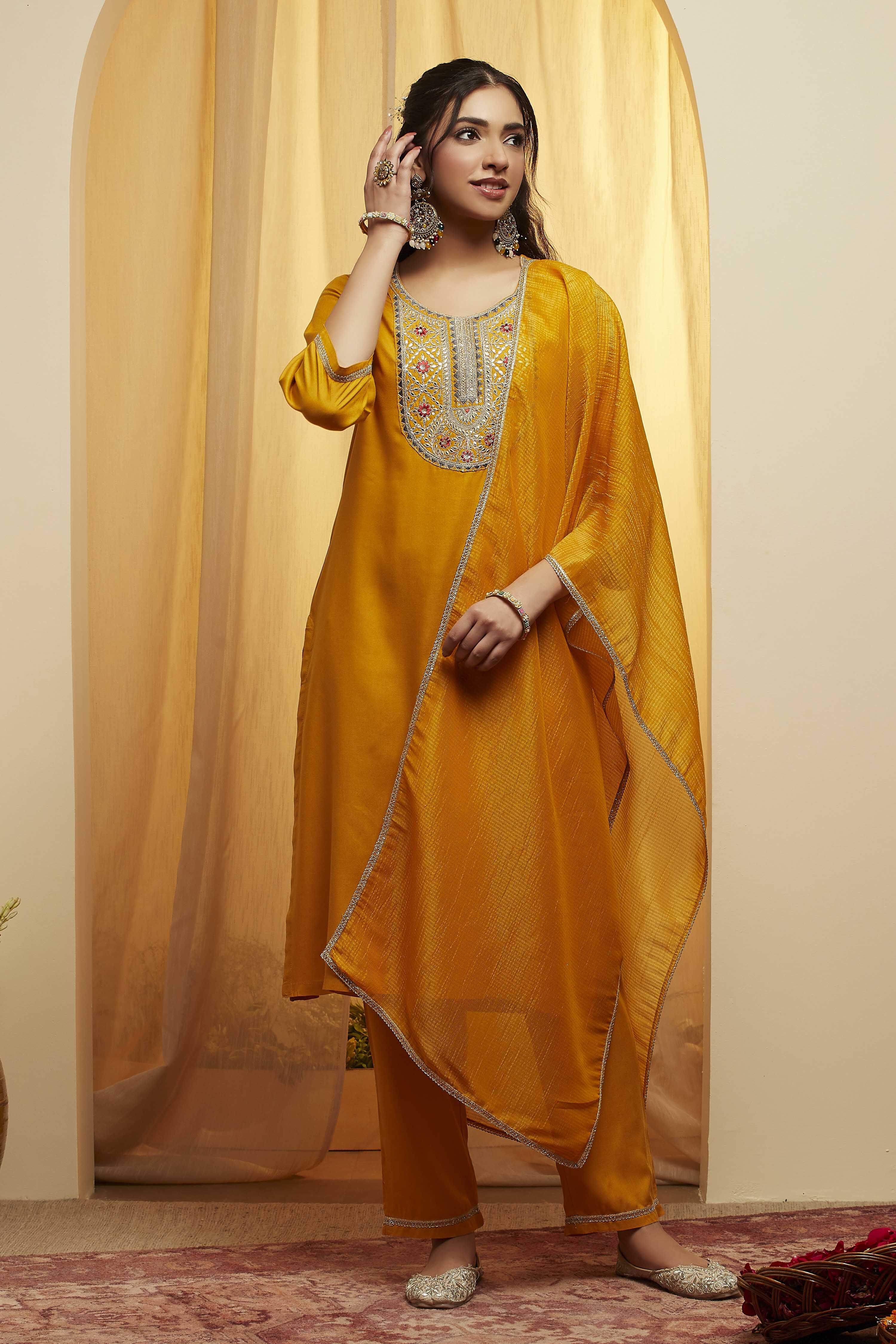 biba Mustard Viscose Rayon Straight Suit SetMustard Viscose Rayon Straight Suit Set-picture-539