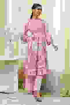 Peach-Colored Cotton Floral A-Line Kurta Set image number 5