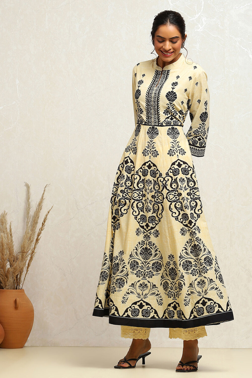 Ecru and Rust Cotton Printed Anarkali Kurta Set image number 6