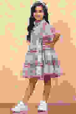 Beige Dobby Net Floral Ruffled Flared Tiered Dress image number 2