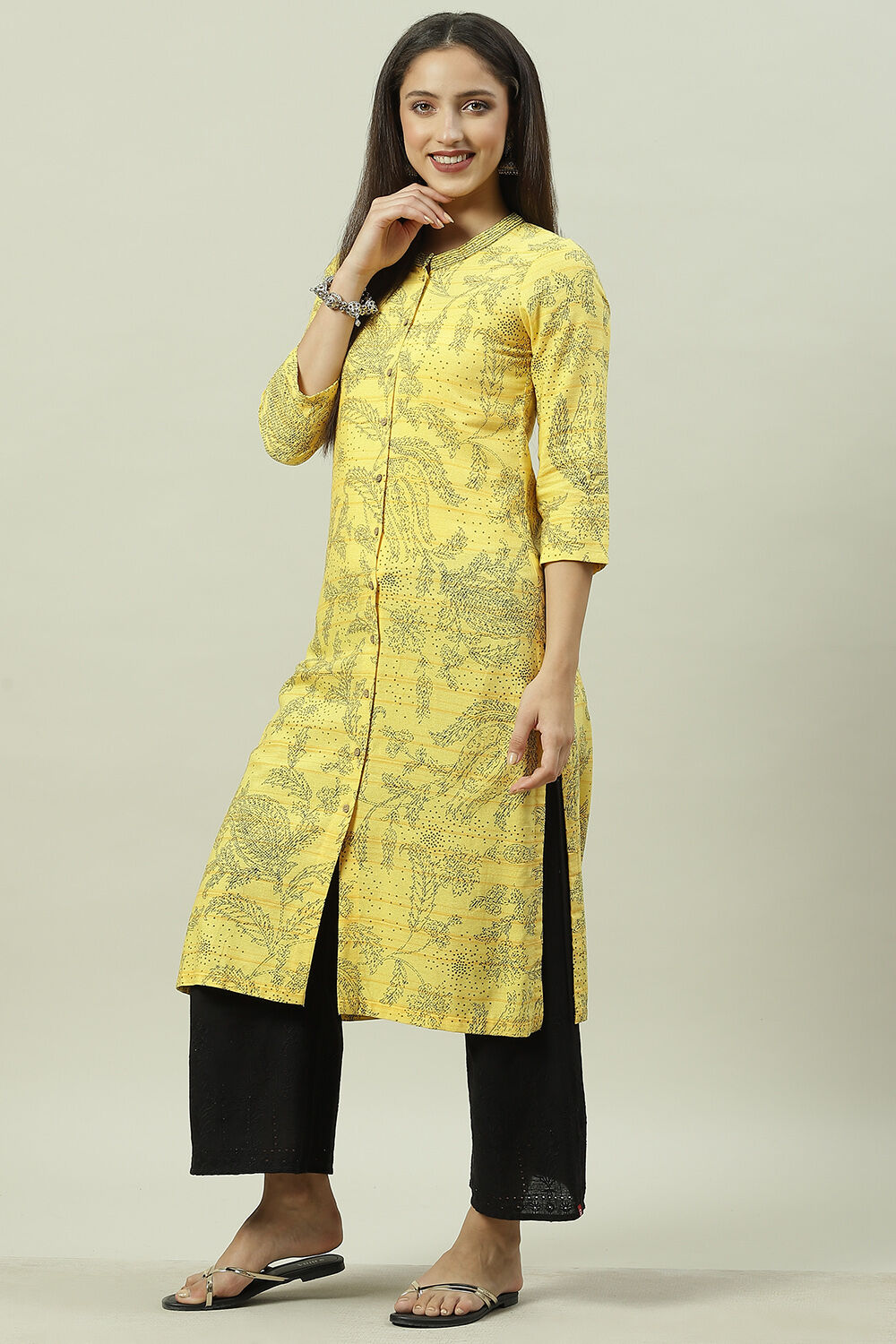 Yellow Rayon Front Open Printed Kurta image number 3