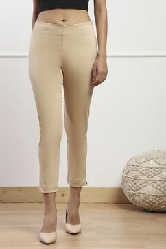 Beige Cotton Blend Slim Pant image number 4