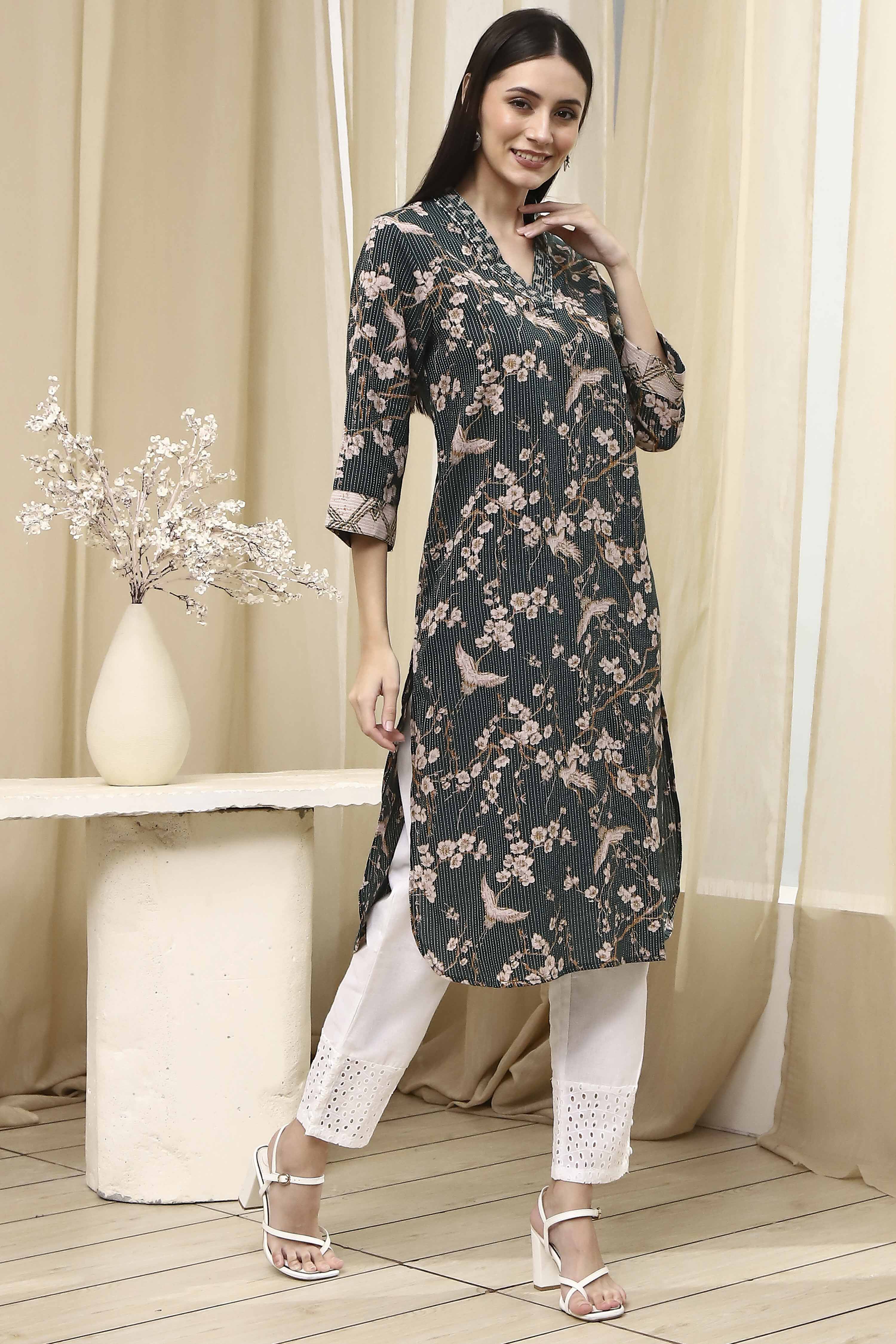Dark Green Cotton Printed Straight Kurta image number 4