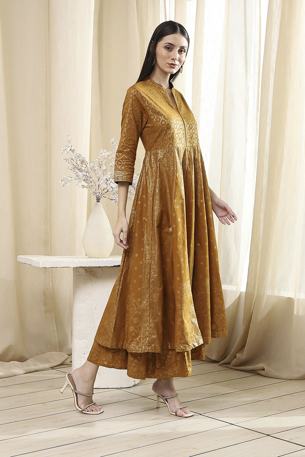 Mustard Brown Cotton Layered Anarkali Dress image number 4
