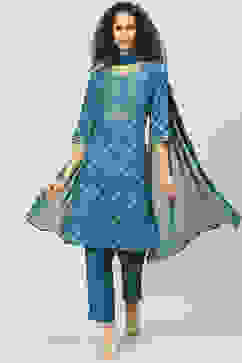 Teal Art Silk Straight Kurta Slim Pant Suit Set image number 7