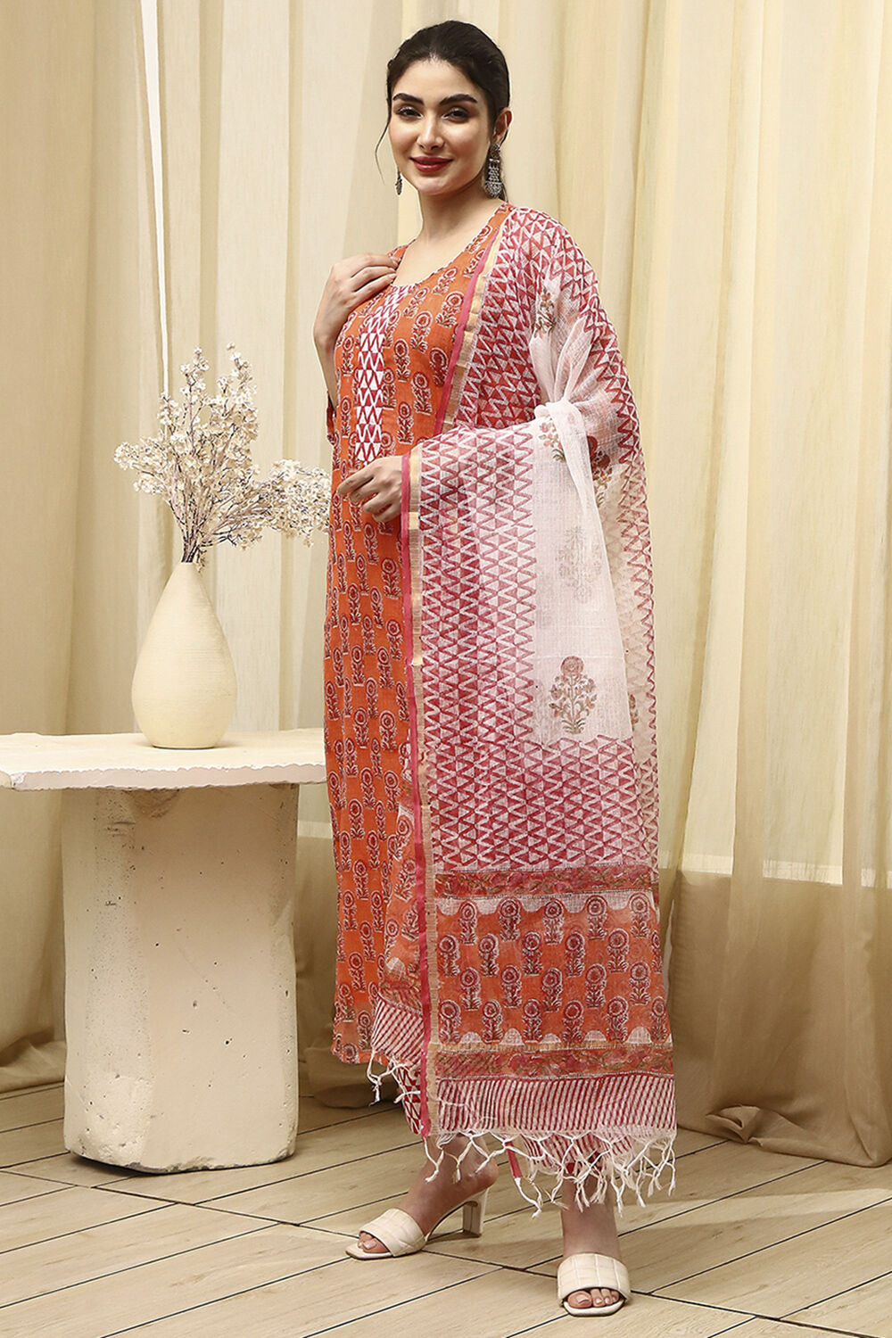 Coral Cotton Hand Block Print Unstitched Suit Set image number 5