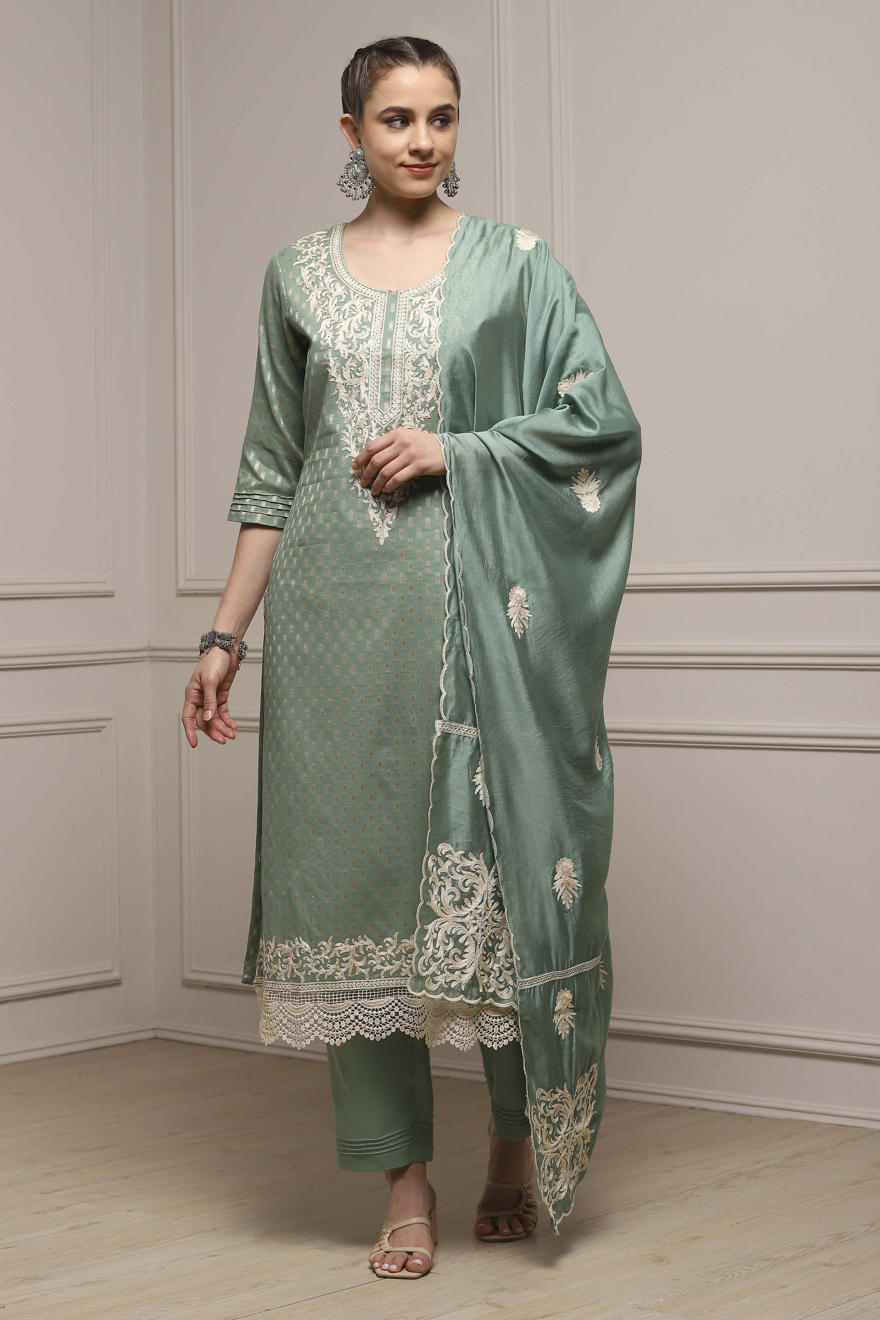 Peach Cotton Blend Thread Embroidered Unstitched Suit Set image number 1