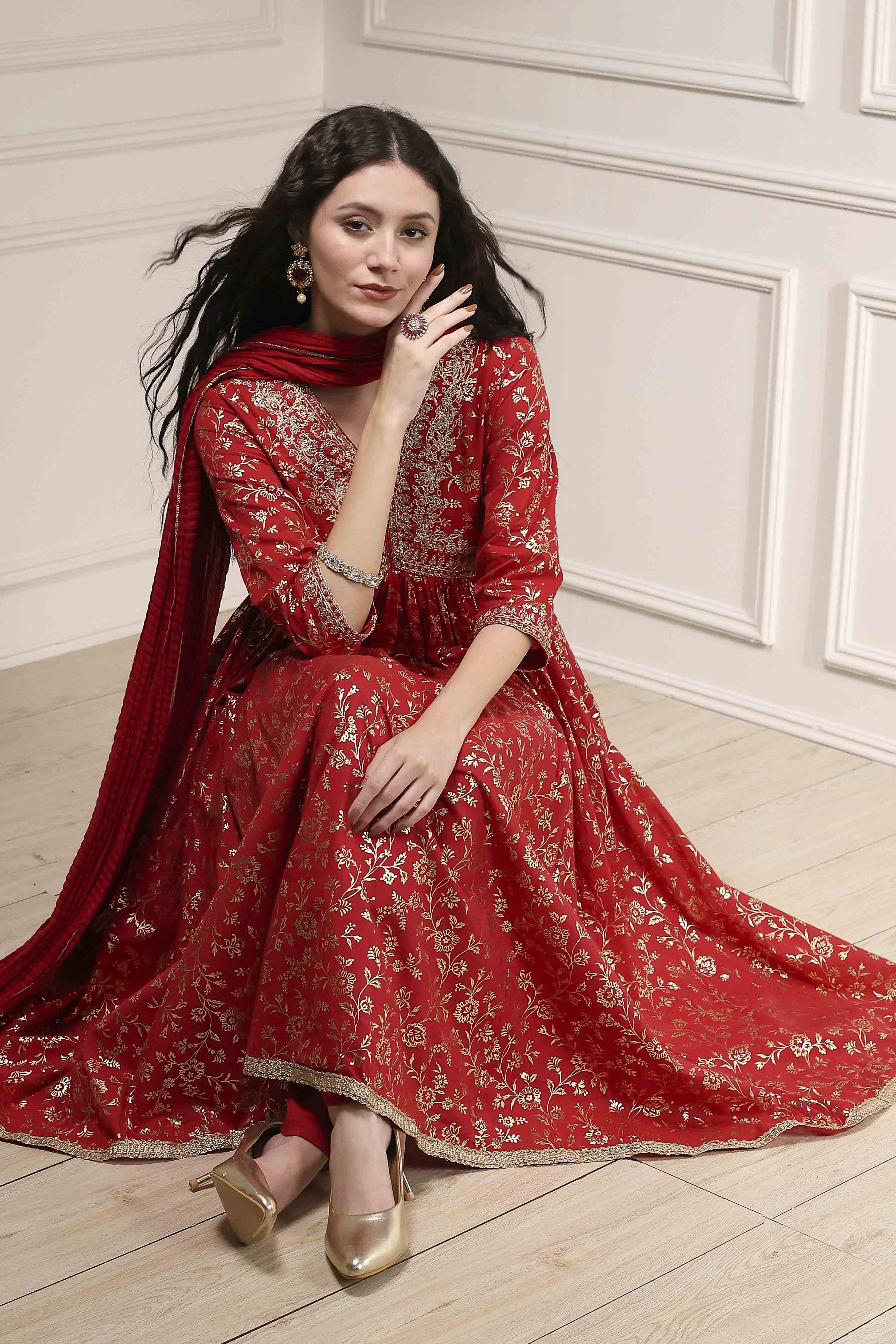 Red Cotton Foil Printed Anarkali Suit Set image number 0