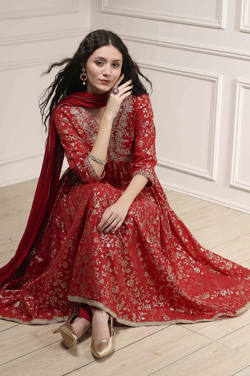 Buy Red Cotton Foil Printed Anarkali Suit Set Online at Biba India