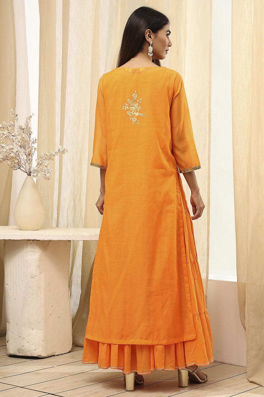 Orange Poly Chanderi Layered Tiered Dress image number 5