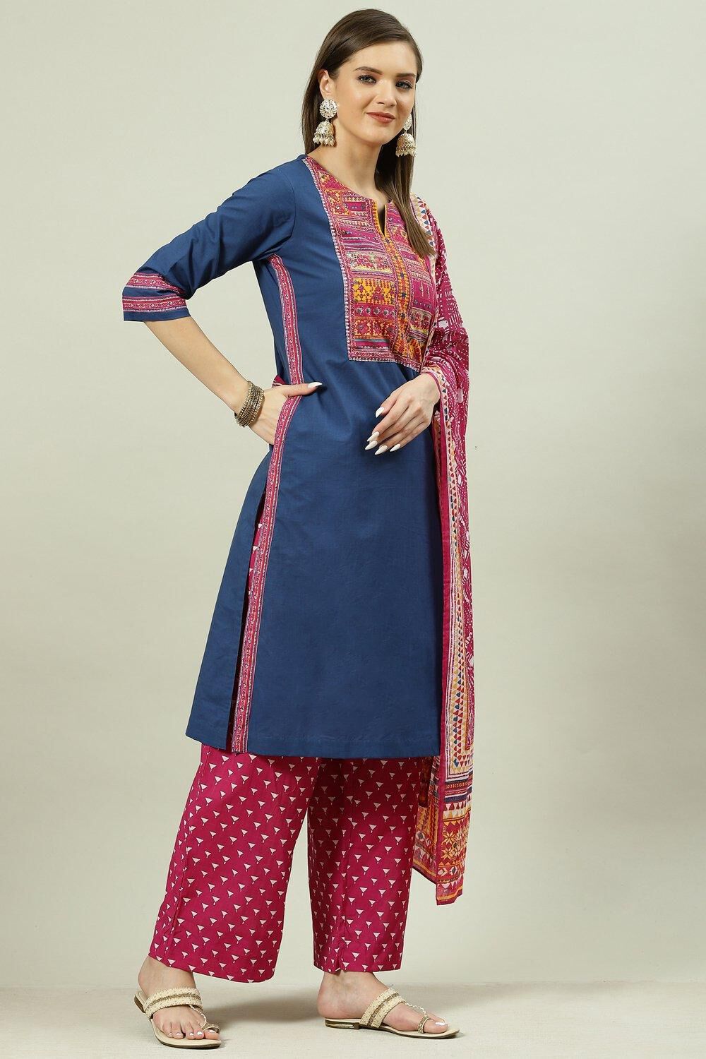 Blue Solid Cotton Straight Kurta Palazzo Suit Set image number 6