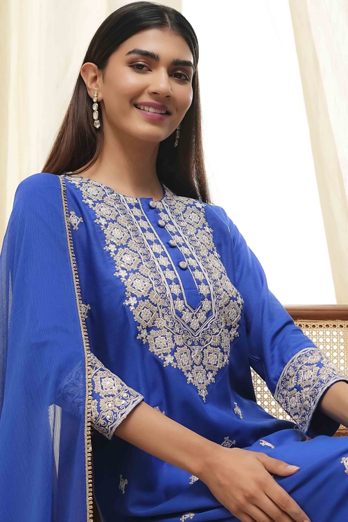 Blue Embroidered Straight Suit Set image number 7