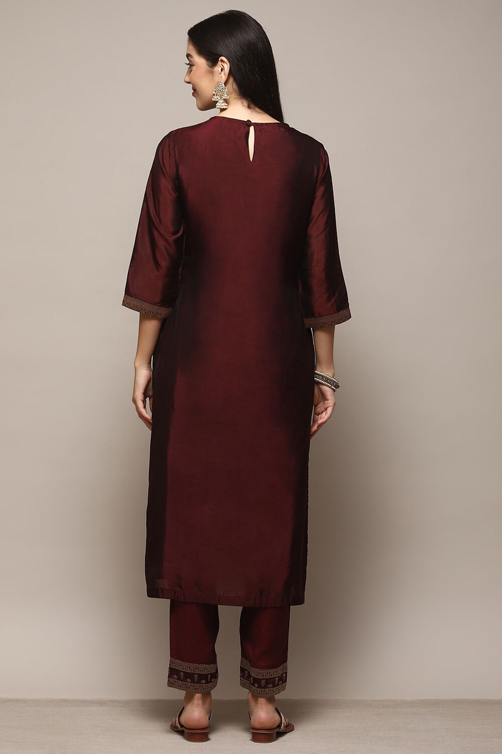 Wine Viscose Straight Yarndyed Kurta Regular Pants Suit Set image number 5