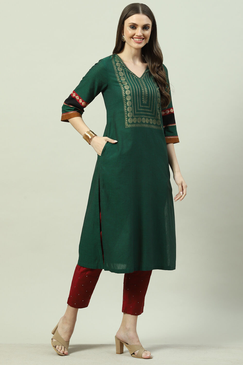 Green Cotton A-Line Printed Kurta image number 3