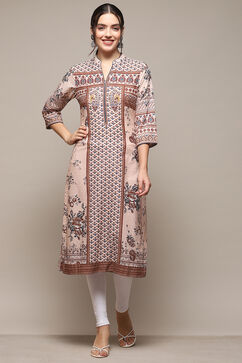 Beige Cotton Printed Straight Kurta image number 5