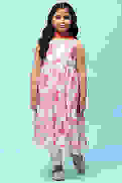 Off-White and Pink Poly Chiffon Floral Tiered Suit Set image number 7