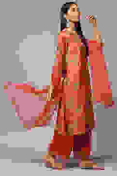 Coral Pink Cotton Blend Straight Kurta Pants Suit Set image number 0