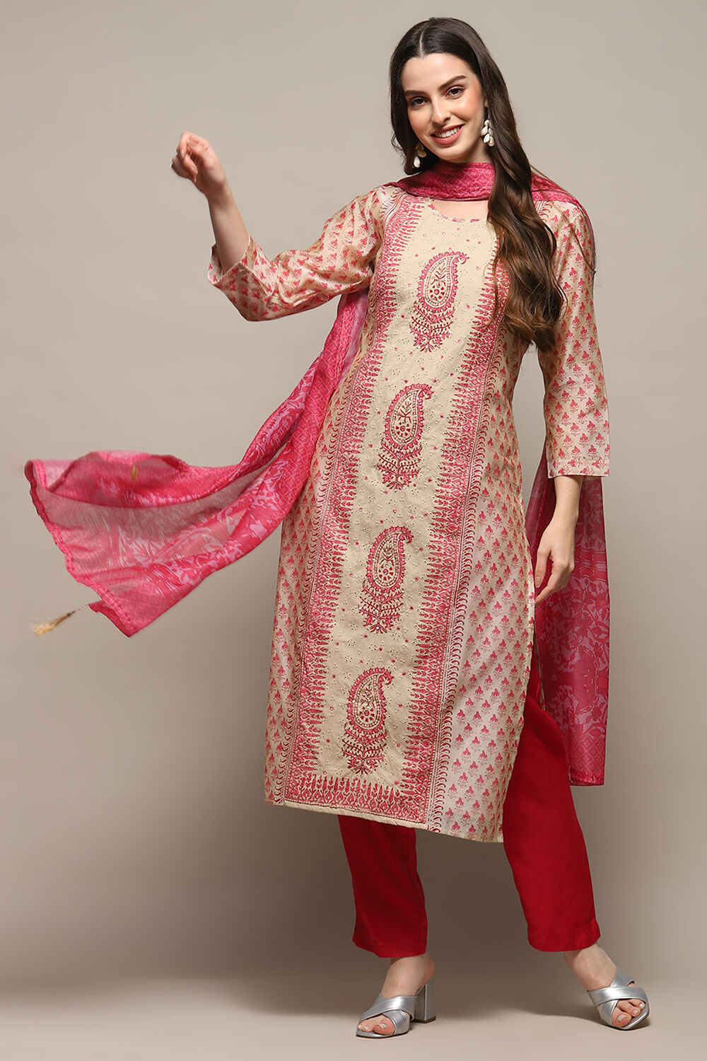 Beige Pink Chanderi Unstitched Suit set image number 1