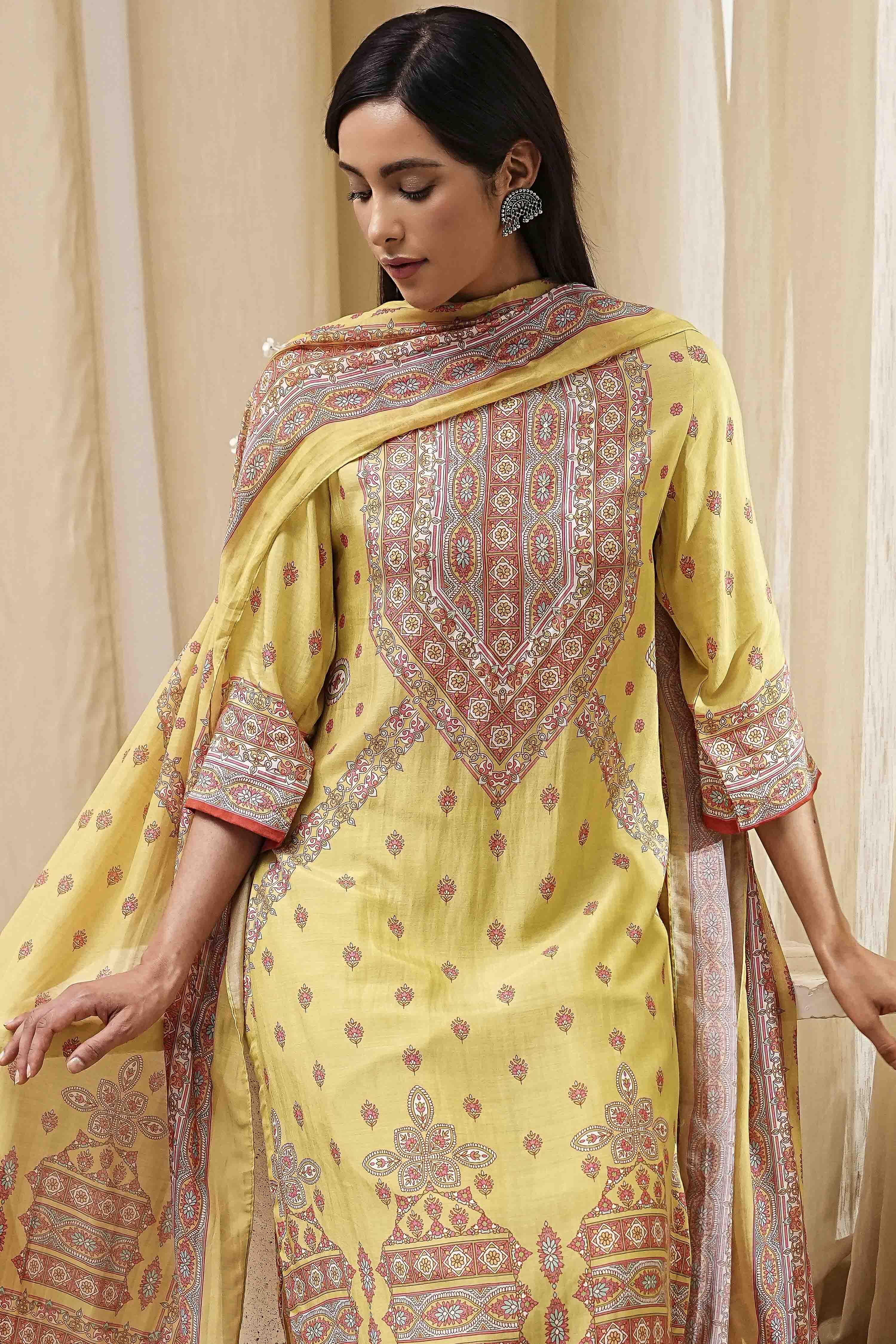 Green Modal Printed Straight Suit Set image number 7