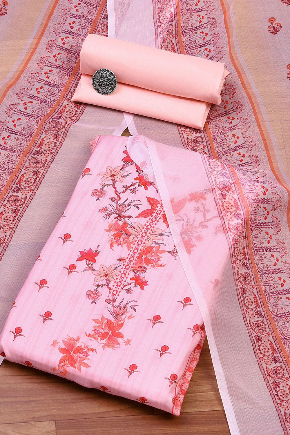 Pink Cotton Digital Print Unstitched Suit Set image number 0