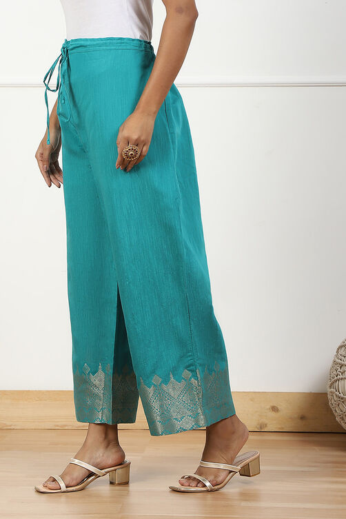 Blue Jacquard Solid Straight Palazzo Pants image number 2