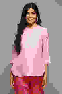 Pink Cotton Blend Kurti image number 5