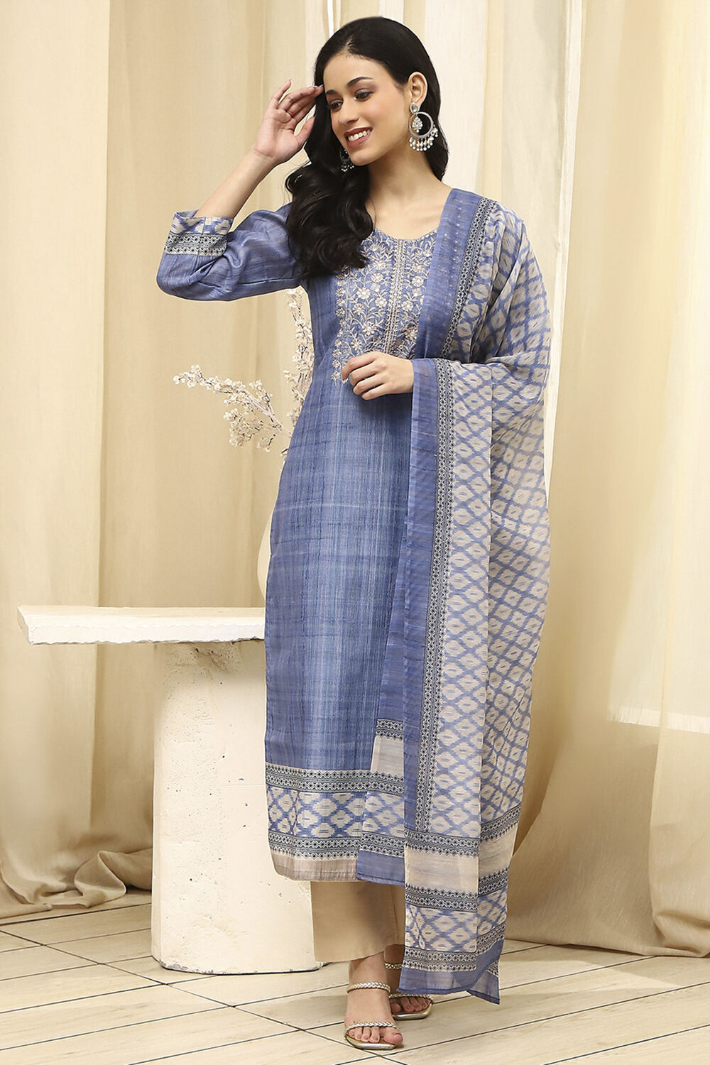 Blue Cotton Machine-Embroidered Unstitched Suit Set image number 7