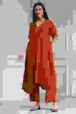 Burnt Orange Dyed Asymmetric Kurta Set image number 6